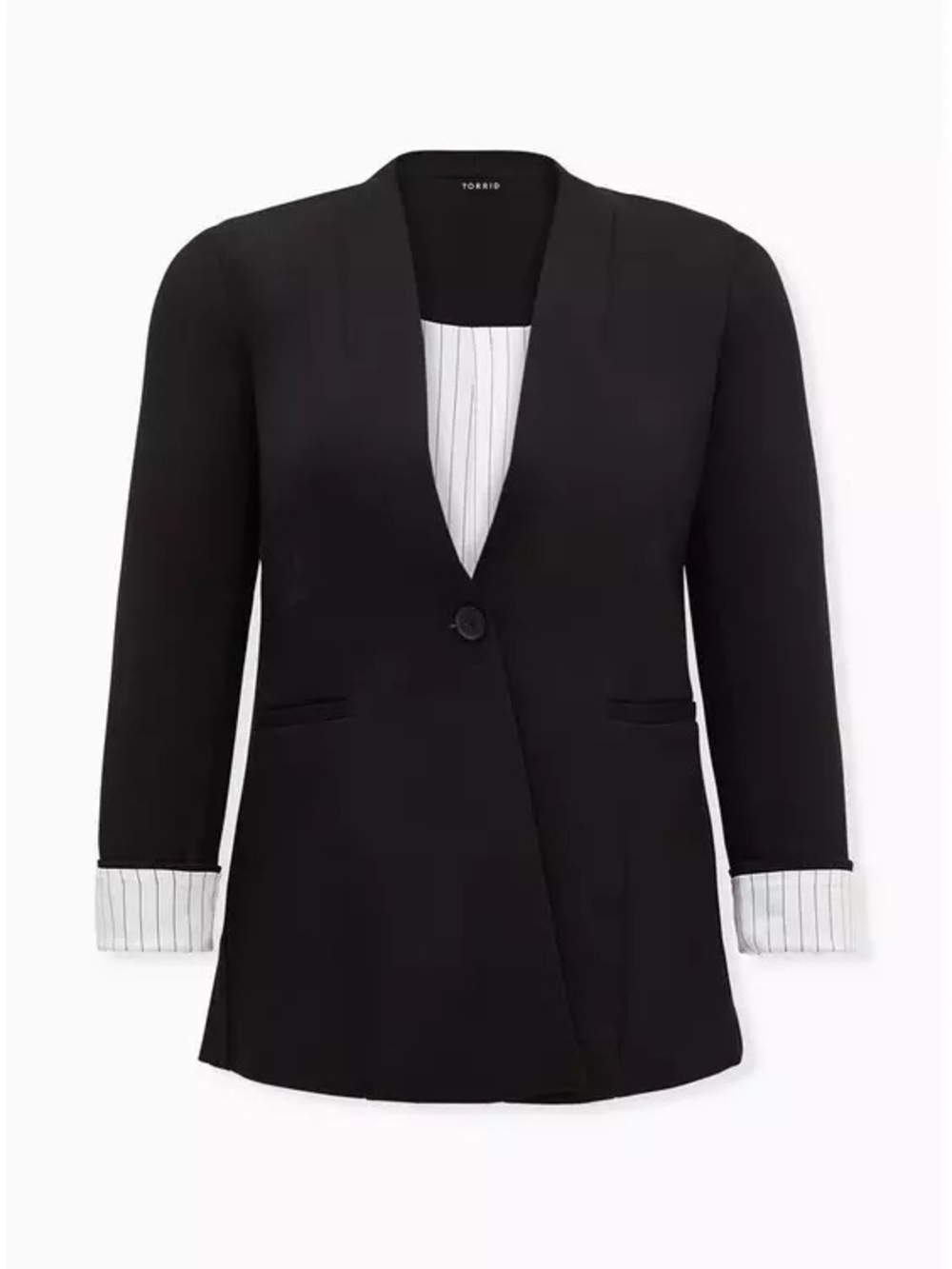 torrid Black One-Button Shawl Collar Blazer with Striped Cuff Lining Size 2 NWT
